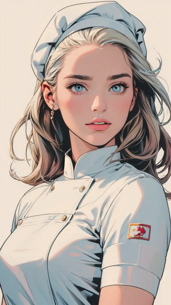 White background, a girl who is a chef, masterpiece,extremely beautiful woman,Excellent sense,(((perfect very white background))),American Comics,(((The Perfect One Woman))),(((one person))),colorful,Highly detailed perfect upper body,highly detailed face,near future,SF,
