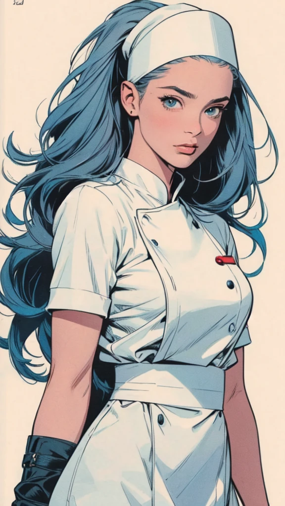 White background, a girl who is a chef, masterpiece,extremely beautiful woman,Excellent sense,(((perfect very white background))),American Comics,(((The Perfect One Woman))),(((one person))),colorful,Highly detailed perfect upper body,highly detailed face,near future,SF,