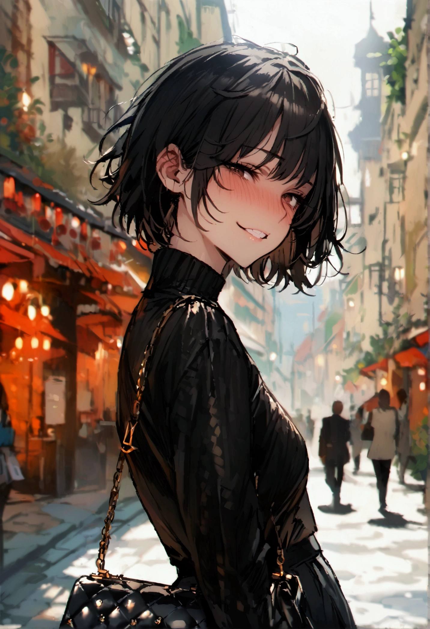 masterpiece, best quality 1girl, solo, beautiful woman, bangs, black hair, short hair, bob cut, dark brown eyes, deep blush, grin, medium breasts, black turtle neck sweeter, short black skirt, plated skirt, louis vuitton handbag, arms crossed under her breasts, looking at viewer street background