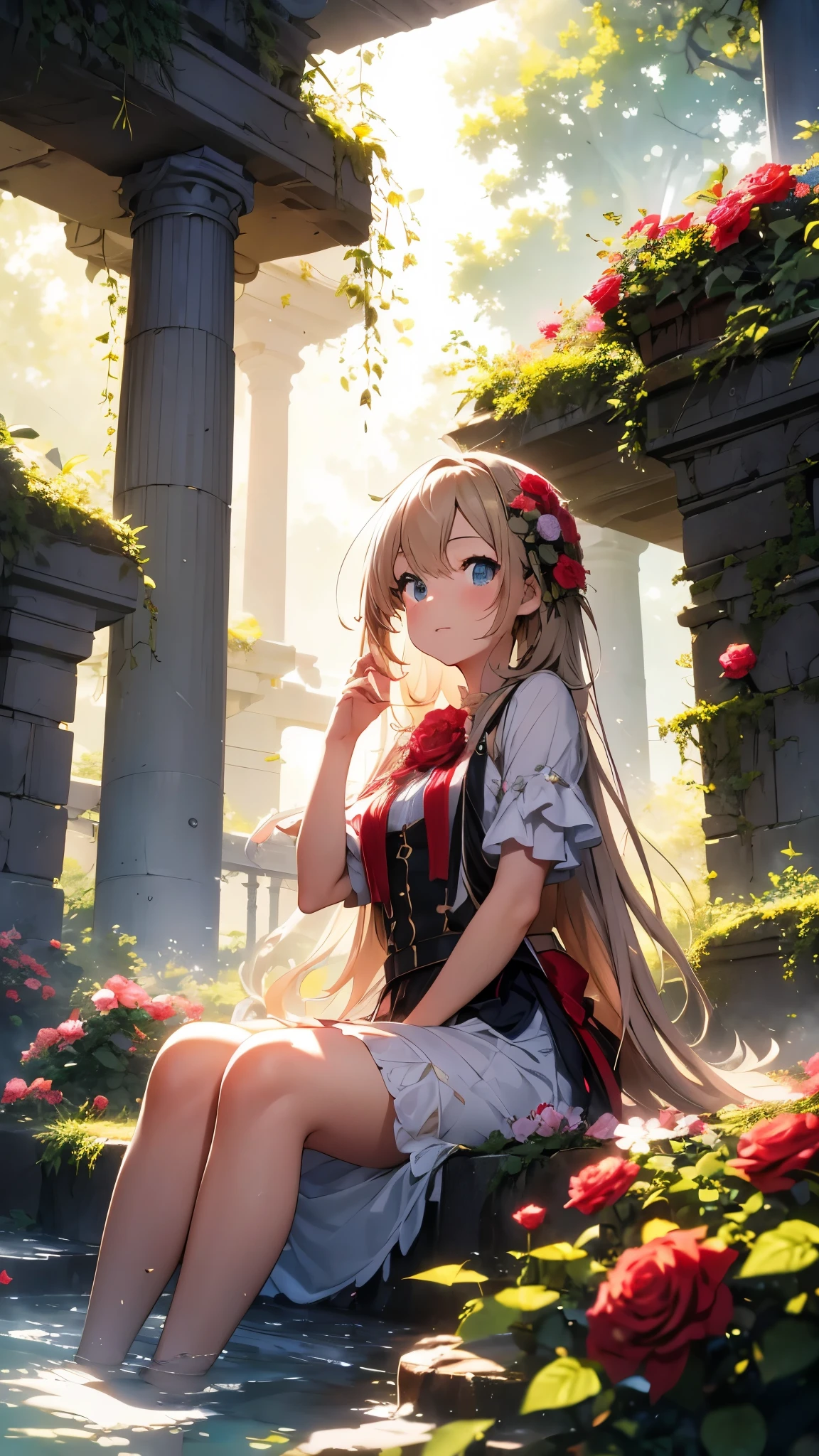 anime,depth of field, Cinema Lighting, lens flare, f/1.2,(masterpiece:1.2),(high definition),Close-up,Cute Girls,Girl sitting on ruins、The pillars are covered with ivy.々The red rose-like flowers bloom in、The whole place is covered in mist, creating a fantastical landscape.