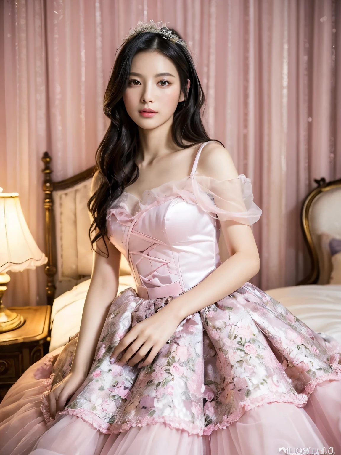(((masterpiece))), (((Highest quality: 1.4))), ((Very detailed: 1.4)) , ((Genuine:1.4)), One Girl,(Bright lighting,Romantic atmosphere), very cute、Incredible cuteness、Dreamy Background,,Black Hair, Fascinating, , Soft Skin, Fascinatingな美しさ, High-quality images, Vibrant colors,Pink floral long sheer skirt, mosquito net, romantic bedroom, Side suspension,Solobound,