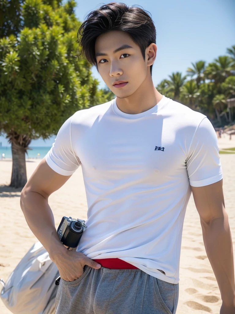 A handsome, muscular young Asian man looks at the camera. In a simple t-shirt white and red , Fieldside, grass, beach, sunlight, Carrying a camera