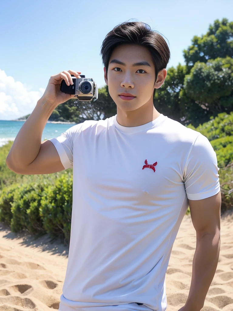 A handsome, muscular young Asian man looks at the camera. In a simple t-shirt white and red , Fieldside, grass, beach, sunlight, Carrying a camera