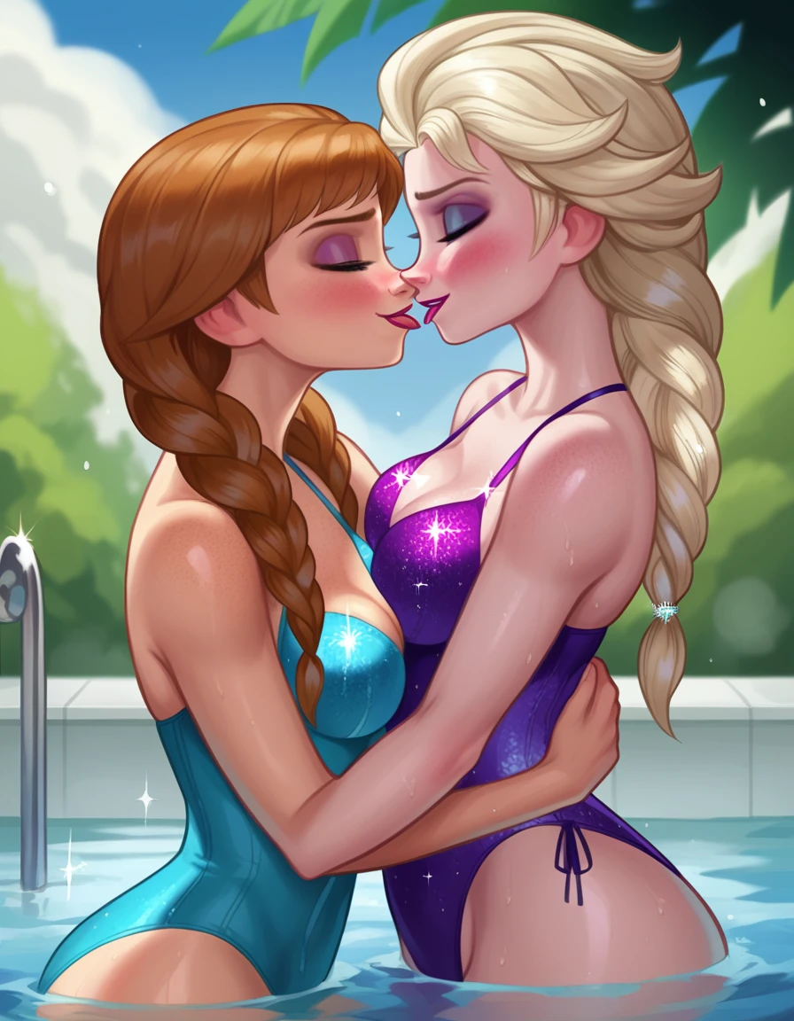 score_9, score_8_up, score_8_up, rating_explicit, source_cartoon, 2girls, (Elsa from Frozen, blonde hair, braids, sparkly ice blue swimsuit:1.6), (Anna from Frozen, brown hair, braided pigtails, purple swimsuit:1.4), yuri, girlfriends, lovers, cleavage, sexy swimsuits, Japanese bath, partially submerged, (passionate kissing:1.2), embracing, blush.