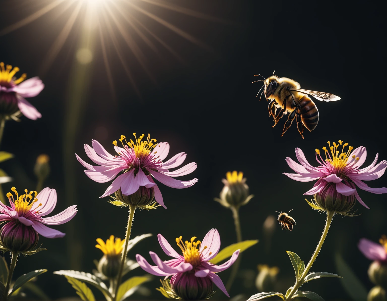 photorealism, intricate details, extremely detailed, masterpiece, sharp, high contrast,
(best quality, hires textures, high detail:1.2), (4k),(incredibly detailed:1.4), Cinematic Lighting , best quality,
a bee lands on a flower to collect nectar, late spring