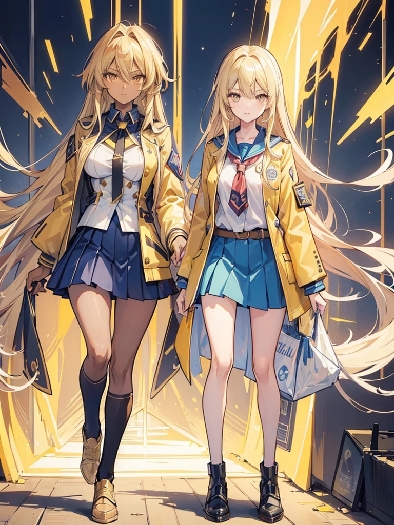 ((((masterpiece)))), high quality, very_high_resolution, large_filesize, full color,extremely detailed artwork,1 mature female((dark skin:1.5,golden eyes:1.4,Bright blonde hair:1.3,gal style,big ,)), Leopard-patterned underwear,tenjouin_asuka,1girl,blonde_hair,long_hair,duel_academy_uniform_\(yu-gi-oh!_gx\),brown_eyes,hair_between_eyes,large_breasts,yellow_eyes,blue_skirt,white_jacket,miniskirt,