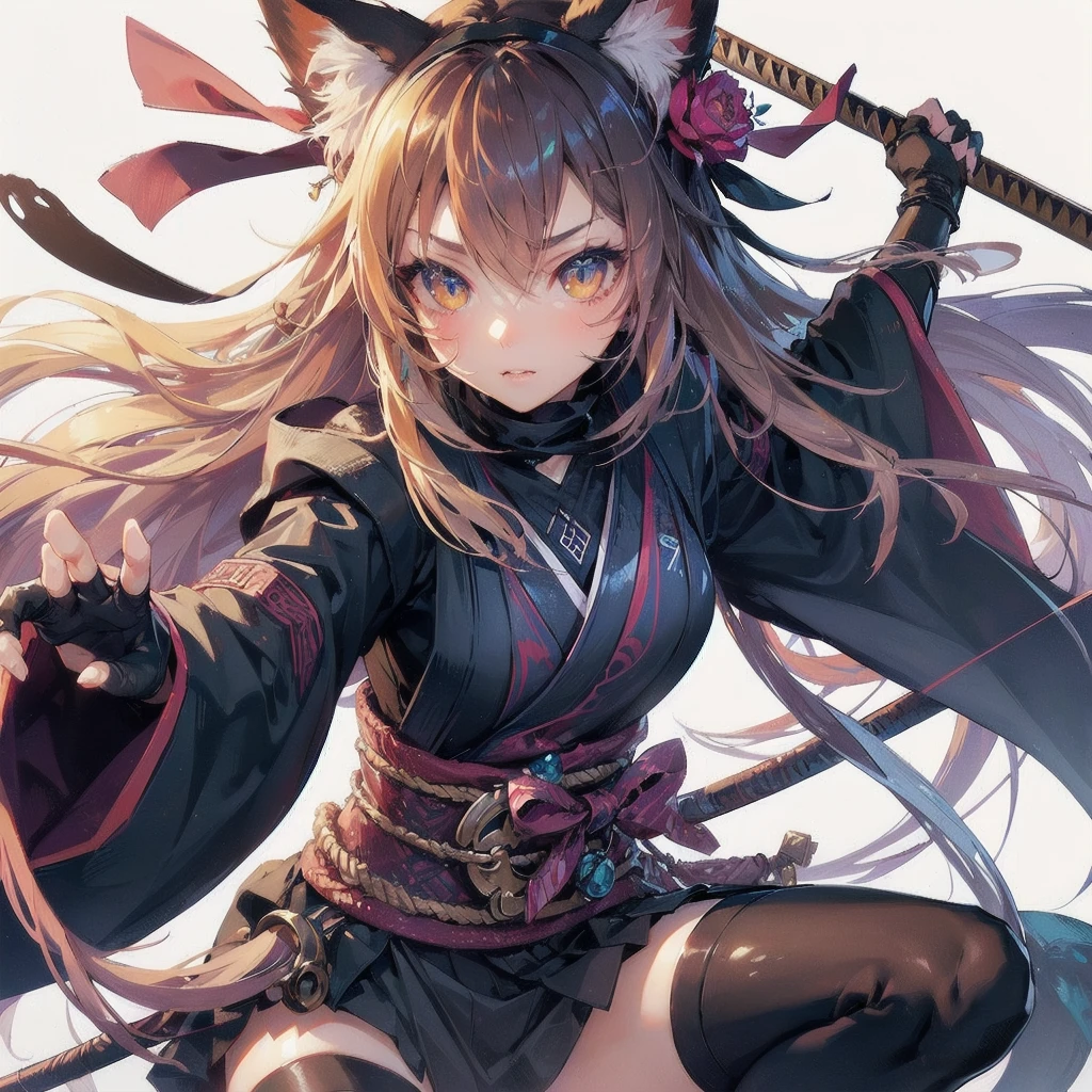 masterpiece, (textured skin), best quality, gorgeous beautiful girl, (a female
cat ears,cat tail),ninja,detailed clothes,large breasts,narrow waist,, (beautiful face), cinematic lighting, (fantasy anime art ),