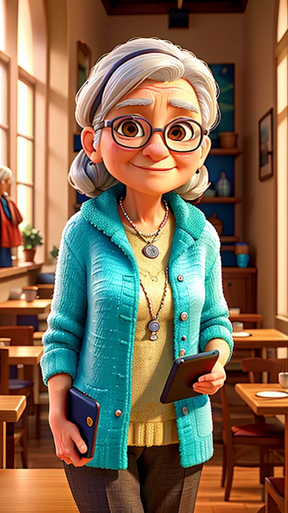 a beautiful elderly woman with silver hair, holding a tablet pc in her hands, wearing earphones, in a stylish cafe interior, detailed facial features, highly detailed, photorealistic, 8k, (best quality,4k,8k,highres,masterpiece:1.2),ultra-detailed,(realistic,photorealistic,photo-realistic:1.37),HDR,UHD,studio lighting,ultra-fine painting,sharp focus,physically-based rendering,extreme detail description,professional,vivid colors,elegant,cozy atmosphere,warm lighting,soft focus,intricate details