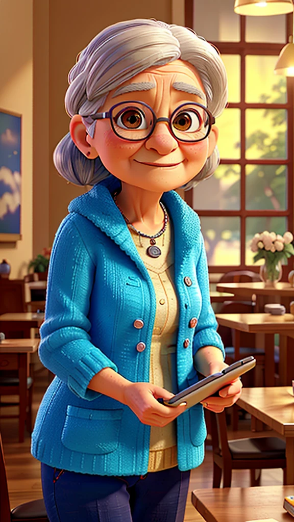 a beautiful elderly woman with silver hair, holding a tablet pc in her hands, wearing earphones, in a stylish cafe interior, detailed facial features, highly detailed, photorealistic, 8k, (best quality,4k,8k,highres,masterpiece:1.2),ultra-detailed,(realistic,photorealistic,photo-realistic:1.37),HDR,UHD,studio lighting,ultra-fine painting,sharp focus,physically-based rendering,extreme detail description,professional,vivid colors,elegant,cozy atmosphere,warm lighting,soft focus,intricate details