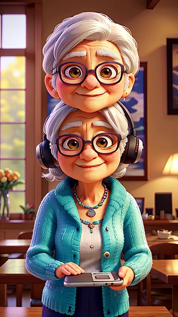 a beautiful elderly woman with silver hair, holding a tablet pc in her hands, wearing earphones, in a stylish cafe interior, detailed facial features, highly detailed, photorealistic, 8k, (best quality,4k,8k,highres,masterpiece:1.2),ultra-detailed,(realistic,photorealistic,photo-realistic:1.37),HDR,UHD,studio lighting,ultra-fine painting,sharp focus,physically-based rendering,extreme detail description,professional,vivid colors,elegant,cozy atmosphere,warm lighting,soft focus,intricate details