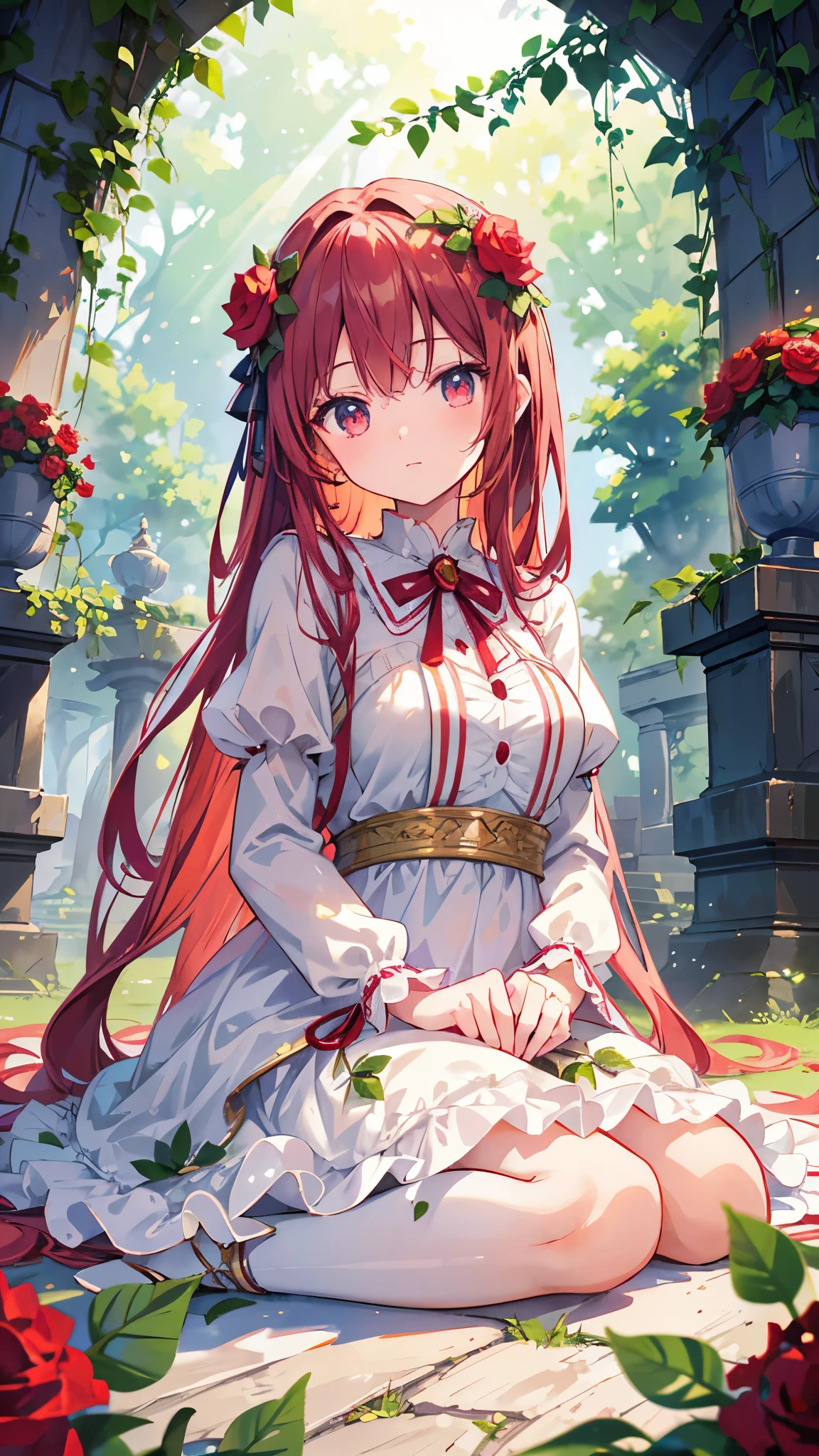 anime,depth of field, Cinema Lighting, lens flare, f/1.2,(masterpiece:1.2),(high definition),Close-up,Cute Girls,Girl sitting on ruins、The pillars are covered with ivy.々The red rose-like flowers bloom in、The whole place is covered in mist, creating a fantastical landscape.