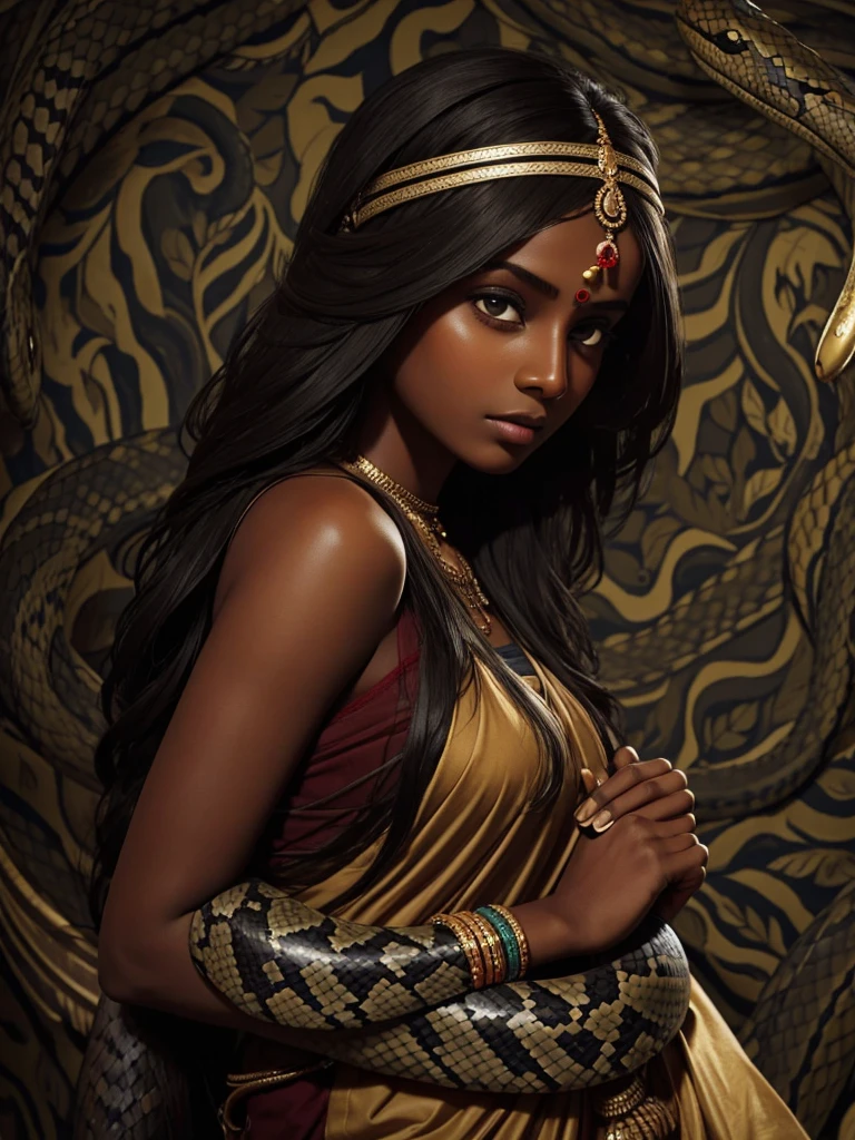Dark skinned Indian girl , blind folded, snake background 