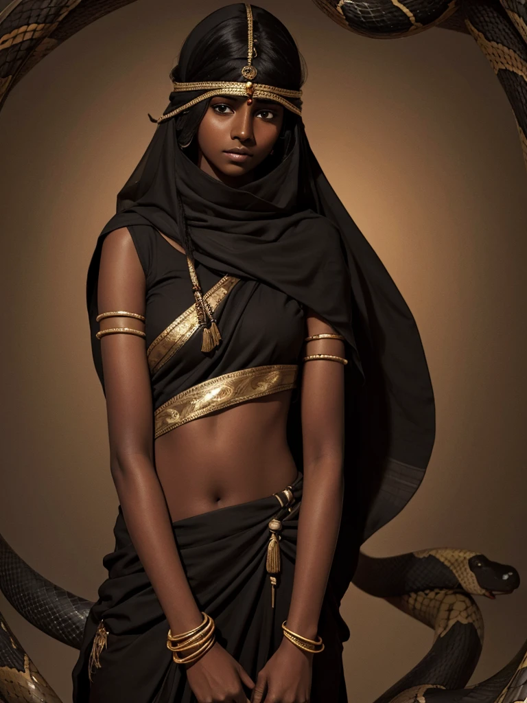 Dark skinned Indian girl , blind folded, snake background 