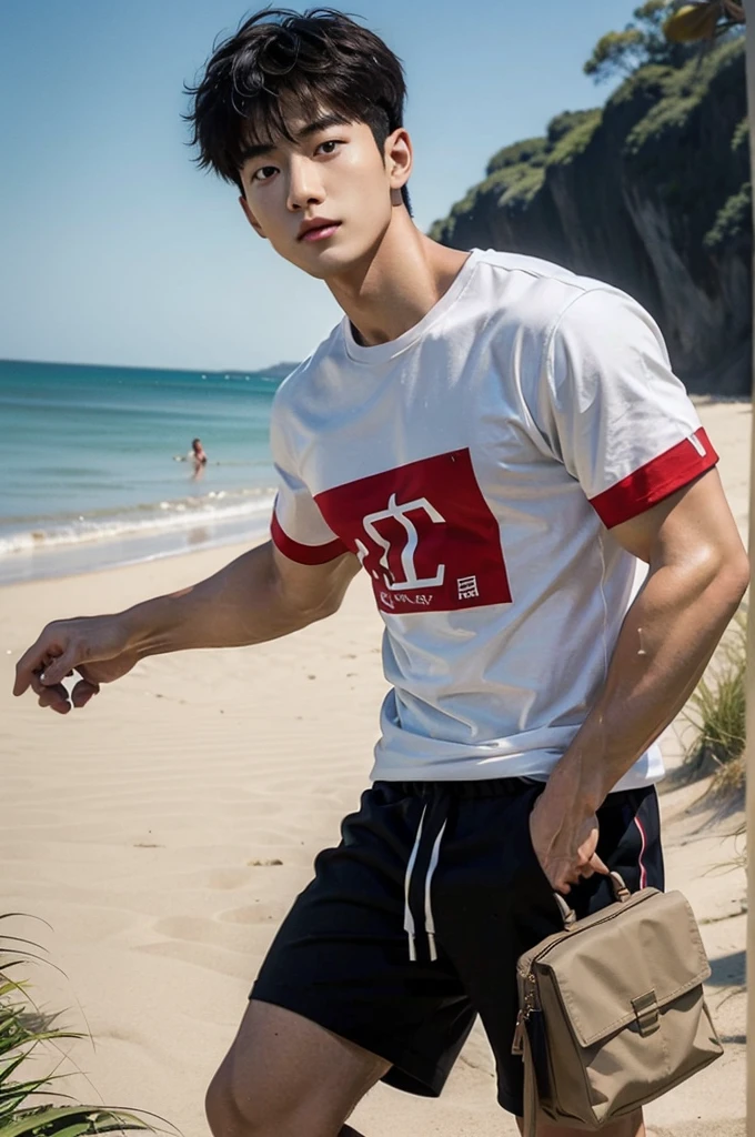 A handsome, muscular young Asian man looks at the camera. In a simple t-shirt white and red , Fieldside, grass, beach, sunlight, Carrying a camera