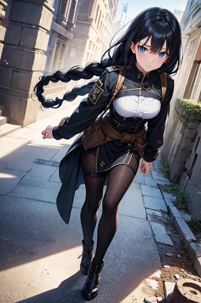 ((masterpiece)), (bestquality), ((ultra-detailed)), depth of field, (dynamic angle), (beautiful detailed blue eyes), 1woman, ((full body portrait)),((voluminous long black hair styled into one single long braid down to her waist)), tomboy, Walking through ruins, ((wearing a black military uhlan tunic)), perfect Body, medium bust, Apocalypse, looking into the distance, facing away,