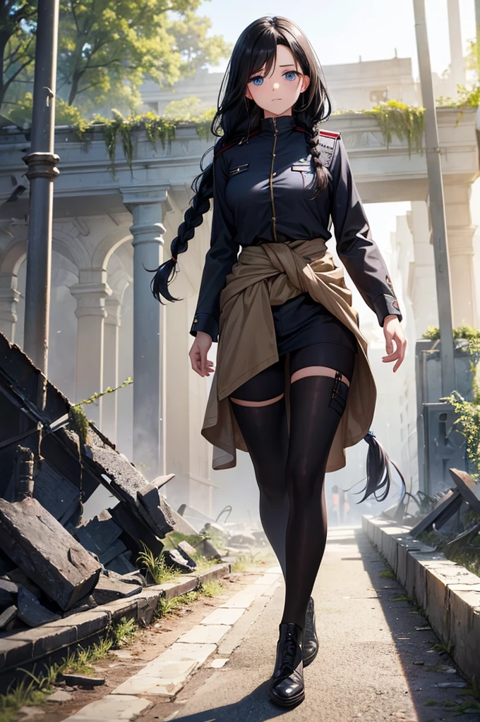 ((masterpiece)), (bestquality), ((ultra-detailed)), depth of field, (dynamic angle), (beautiful detailed blue eyes), 1woman, ((full body portrait)),((voluminous long black hair styled into one single long braid down to her waist)), tomboy, Walking through ruins, ((wearing a black military uhlan tunic)), perfect Body, medium bust, Apocalypse, looking into the distance, facing away,