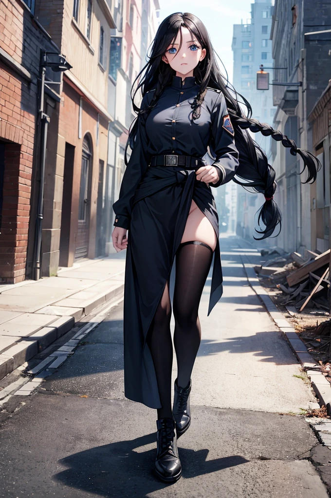((masterpiece)), (bestquality), ((ultra-detailed)), depth of field, (dynamic angle), (beautiful detailed blue eyes), 1woman, ((full body portrait)),((voluminous long black hair styled into one single long braid down to her waist)), tomboy, Walking through ruins, ((wearing a black military uhlan tunic)), perfect Body, medium bust, Apocalypse, looking into the distance, facing away,