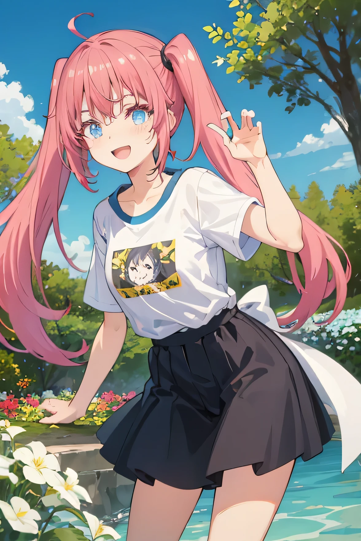 Masterpiece、Anime Coloring、Ultra fine、、、One Girl、Open your mouth wide、Lower Angle、cowboy shot、looking at the camera、smile、blush、Watery eye、Parted bangs、DullTshirt、Leaning forward、garden、blue sky、sunny、Long Hair、Twin tails