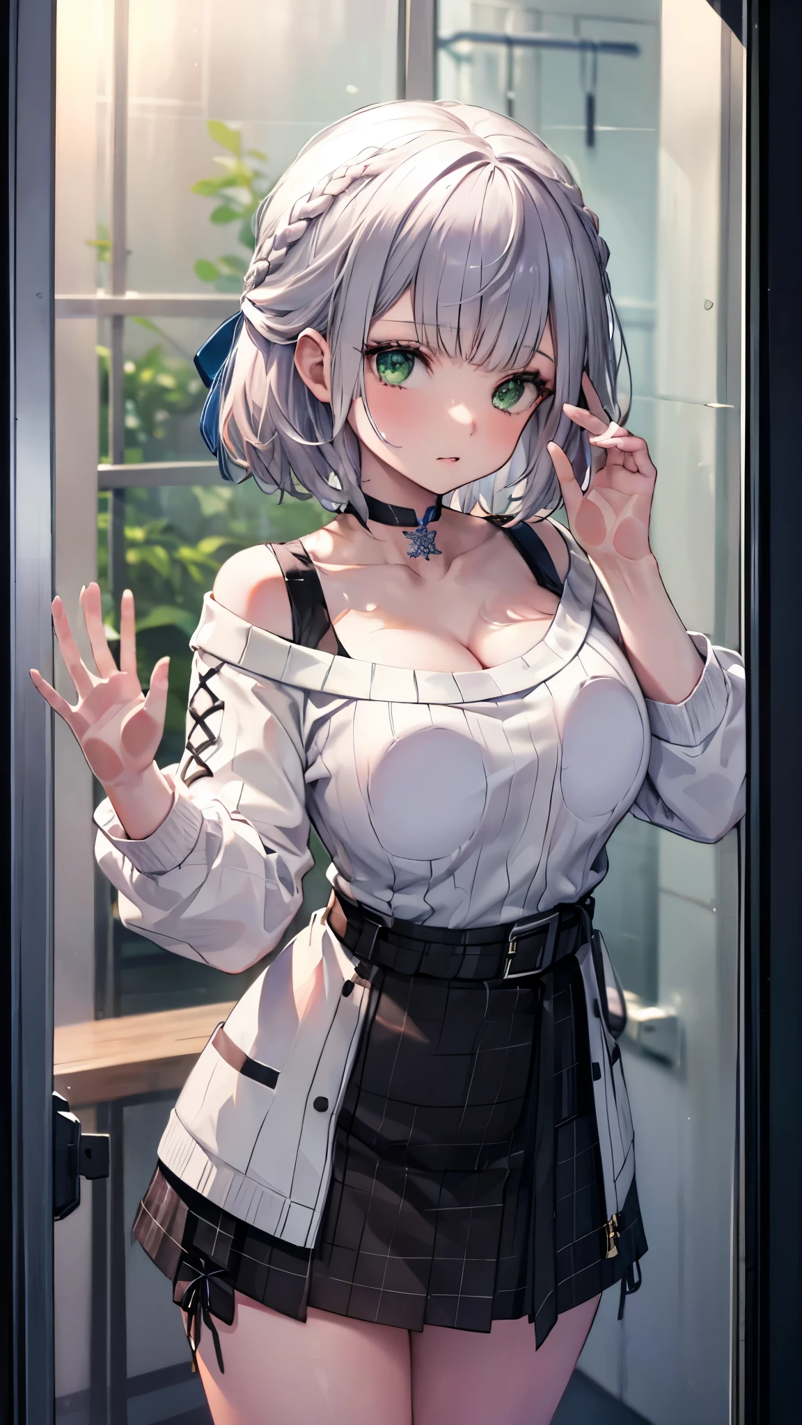 (Ultra-high resolution,masterpiece, Attention to detail, Highest quality), 8K,(ccnoel, short hair, french braid, hair ribbon, green eyes, black choker, collarbone, cleavage, off-shoulder sweater, white sweater, plaid skirt),(Blessed,Captivating body、Ultra-detailed skin、Super beautiful eyes、Detailed Background),One girl, (breasts_on_Glass,breast press, against Glass, hands on Glass),window fog, embarrassed