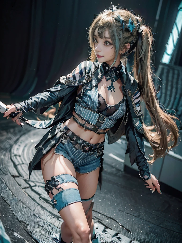 (Full Body View:1.4)、(Side view:1.2)、(Smiling with teeth showing:1.3),(Shibuya Gal:1.5)、(Gothic Lolita style fashion:1.5)、(Punk RockVisual Kei:1.5)、(Wearing a rhythmic gymnastics bodysuit with intricate details:1.4)、(Cloak de cour with delicate decorations in white, denim and turquoise:1.5)、(Denim with turquoise and white boots:1.3)、((belt))、(Numerous delicate logo marks all over the costume:1.4)、(collar:1.3)、(Striped underwear:1.5)、30 years old、NSFW、((Highest quality、In 8K、masterpiece:1.3))、Sharp focus:1.2、(Layered Cut、Beautiful boobs:1.1),Beautiful woman with perfect figure:1.4、(Doing an aerobics pose:1.3)、Slender Abs:1.2、Highly detailed face and skin texture、Detailed eyes、double eyelid,(Twin tails:1.3)、(Brown-golden hair:1.3)、Gravure idol、(The background is the stage of the fashion show:1.3)、(Slim body:1.3),(Make your legs thinner:1.4),(clavicle:1.1)、(Thin thighs:1.2)