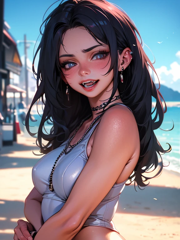 A very beautiful woman with striking eyes, wearing a sexy swimsuit, with long black hair, on a beach against a vivid colorful backdrop, highly detailed, 8K, best quality, photorealistic, cinematic lighting, elegant pose