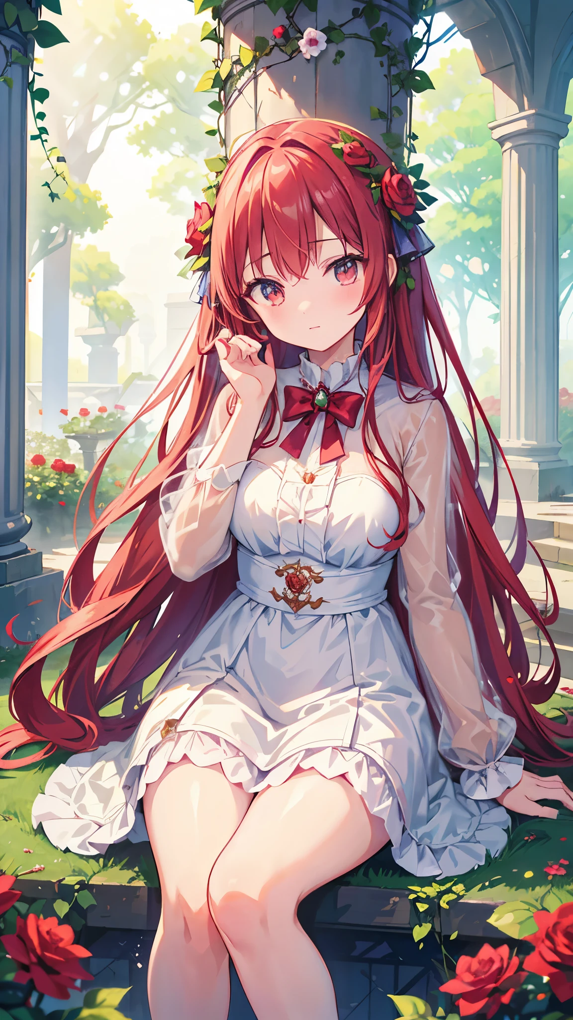 anime,depth of field, Cinema Lighting, lens flare, f/1.2,(masterpiece:1.2),(high definition),Close-up,Cute Girls,Girl sitting on ruins、The pillars are covered with ivy.々The red rose-like flowers bloom in、The whole place is covered in mist, creating a fantastical landscape.