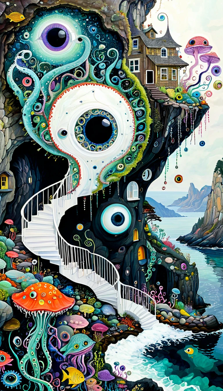 "Dick Ellescas Artist Style",cabin on cliff,Tentacles瀑布,fish,Tentacles,Eye、eyeball、diatom,Spiral Staircase,Stitching together an abstract painting,Describing the inner world of autistic people,Sense of space,White Space,interesting,Innocence,Psychedelic Art,Dark Theme