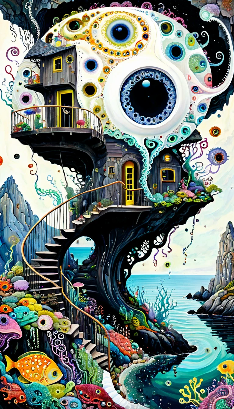"Dick Ellescas Artist Style",cabin on cliff,Tentacles瀑布,fish,Tentacles,Eye、eyeball、diatom,Spiral Staircase,Stitching together an abstract painting,Describing the inner world of autistic people,Sense of space,White Space,interesting,Innocence,Psychedelic Art,Dark Theme