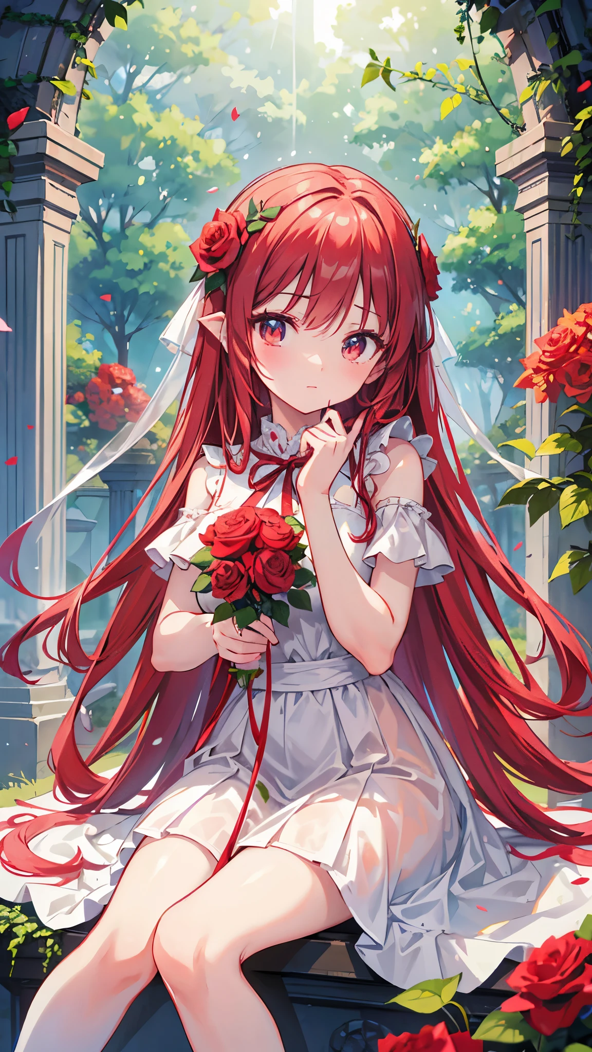 anime,depth of field, Cinema Lighting, lens flare, f/1.2,(masterpiece:1.2),(high definition),Close-up,Cute Girls,Girl sitting on ruins、The pillars are covered with ivy.々The red rose-like flowers bloom in、The whole place is covered in mist, creating a fantastical landscape.