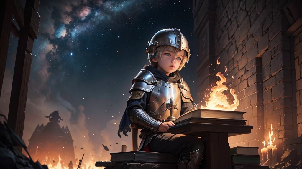 Boy in medieval armor, helmet, shield and a book in hand interconnected to the heavens, connection to a throne above, Galaxy, enemy ahead huge strong opponent with fire and hatred holding a sword, universe, might, Great Battle in the Heavens with multiple beings battling each other, Darkness against Light