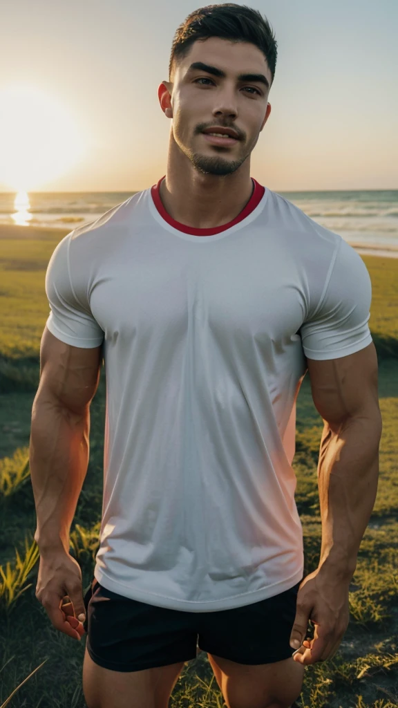 Tony Labrusca, A handsome, muscular young Asian man looks at the camera. In a simple t-shirt white and red , Fieldside, grass, beach, sunlight, Carrying a camera
