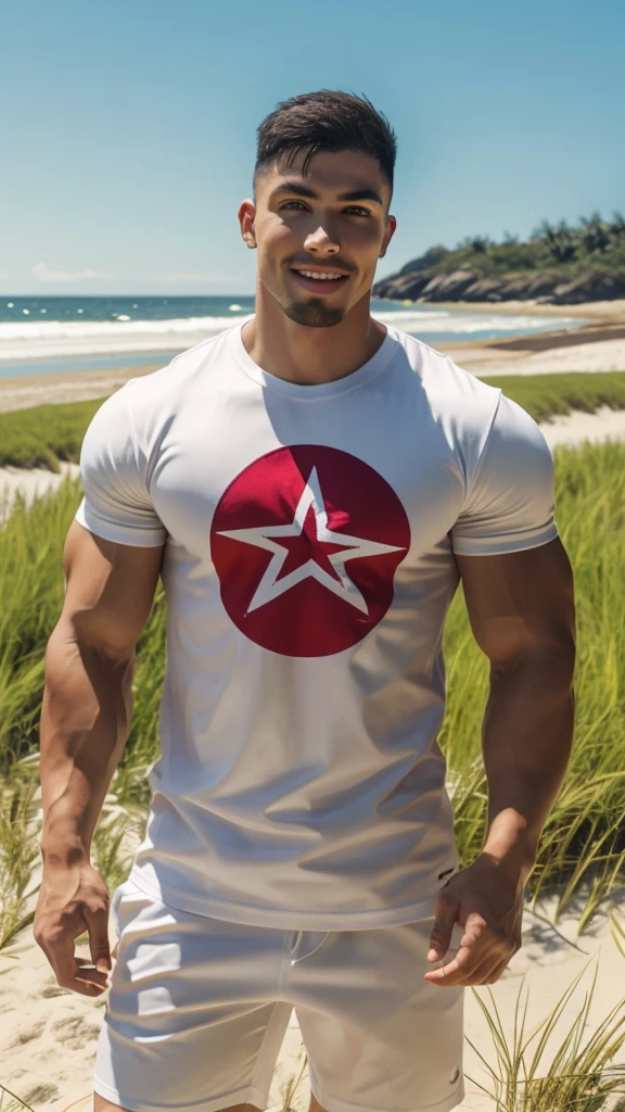 Tony Labrusca, A handsome, muscular young Asian man looks at the camera. In a simple t-shirt white and red , Fieldside, grass, beach, sunlight, Carrying a camera