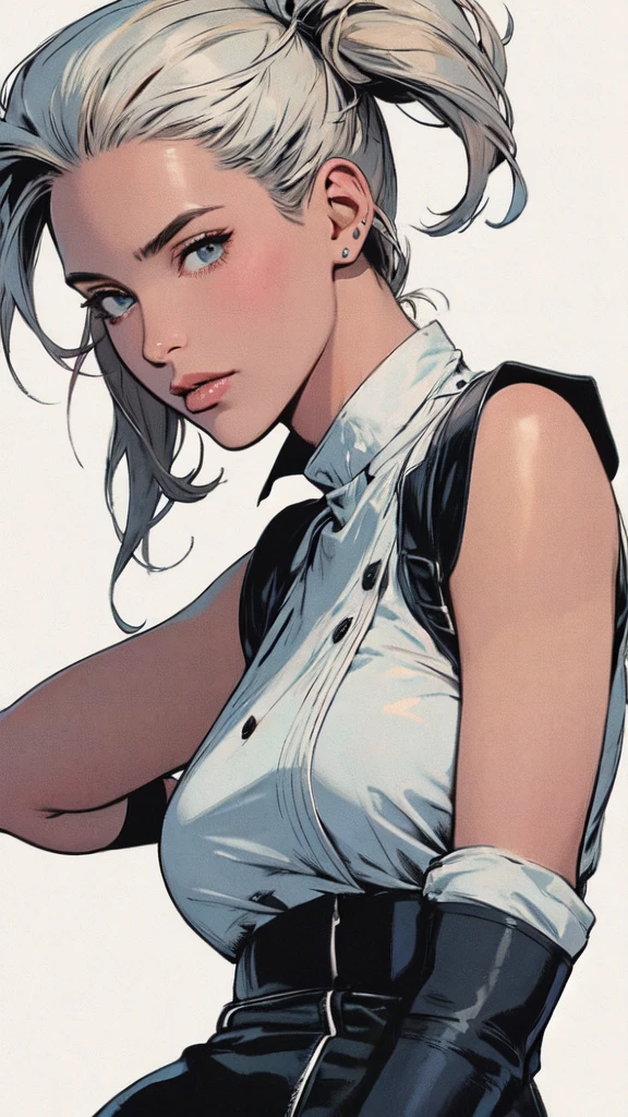 Half-body, no cut parts, White background, a girl who is a chef, masterpiece,extremely beautiful woman,Excellent sense,(((perfect very white background))),American Comics,(((The Perfect One Woman))),(((one person))),colorful,Highly detailed perfect upper body,highly detailed face,near future,SF,