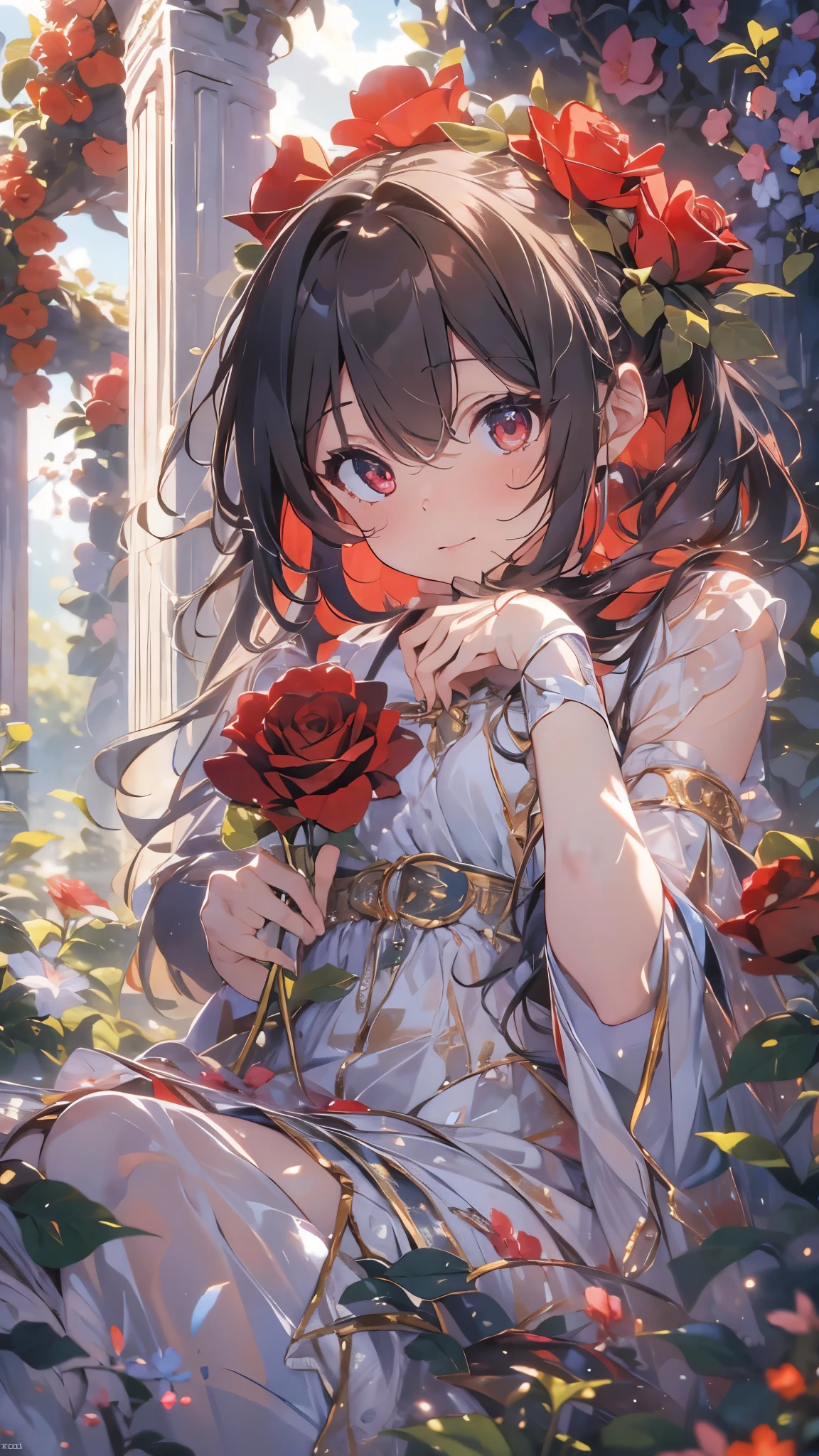 anime,depth of field, Cinema Lighting, lens flare, f/1.2,(masterpiece:1.2),(high definition),Close-up,Cute Girls,Girl sitting on ruins、The pillars are covered with ivy.々The red rose-like flowers bloom in、The whole place is covered in mist, creating a fantastical landscape.,Rose petals fluttering down,White and red contrast