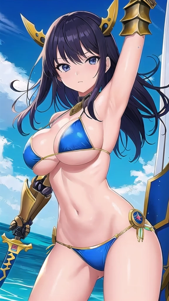 Cartoon character with sword, Art inspired by Masamune Shirow,  Armor Girl, Bikini Armor, Bikini Armor, Bikini Armor female knight, Bikini Armor, tits, Zodiac Knight Girl, biomechanical tits