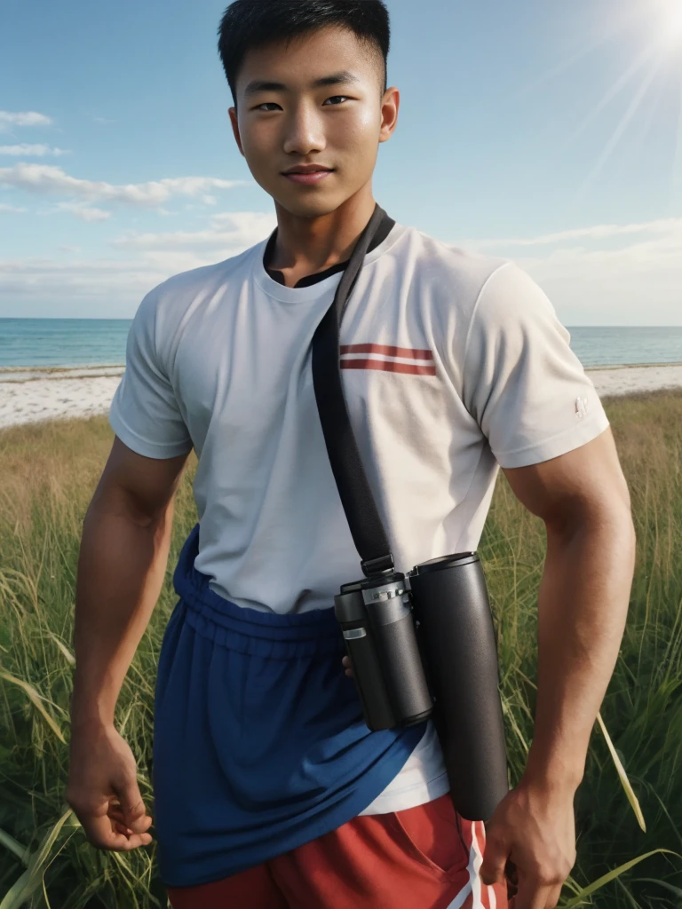 A handsome, muscular young Asian man looks at the camera. In a simple t-shirt white and red , Fieldside, grass, beach, sunlight, Carrying a camera