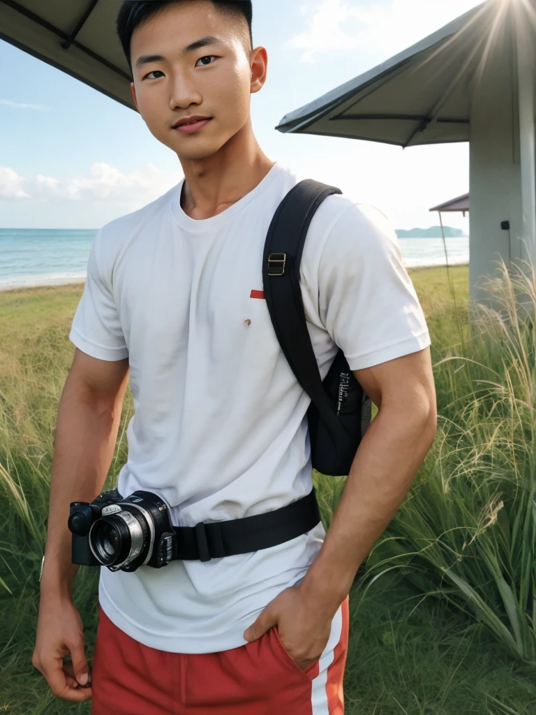 A handsome, muscular young Asian man looks at the camera. In a simple t-shirt white and red , Fieldside, grass, beach, sunlight, Carrying a camera