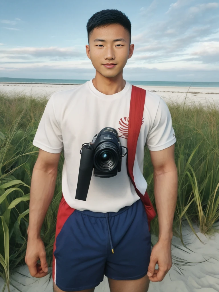 A handsome, muscular young Asian man looks at the camera. In a simple t-shirt white and red , Fieldside, grass, beach, sunlight, Carrying a camera