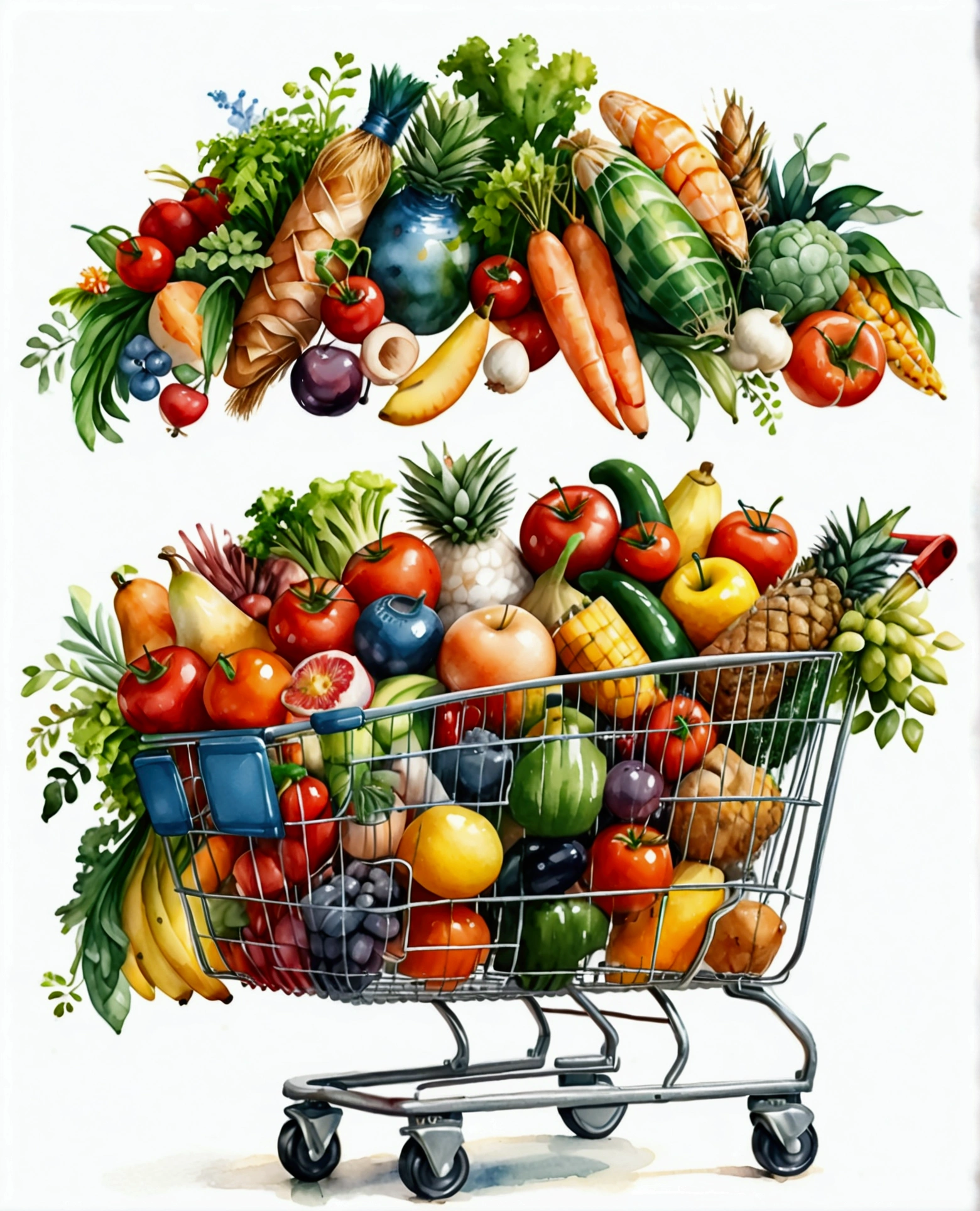 shopping trolley with a lot healthy food, illustration, isolated with solid white background, surrounded with negative space, centered composition, 8k, highest detailed painting, very precise painting, Isolated, clear solid white background, perspective angle of view, cartoon style, ((watercolor:1)), clip art, (lora:add-detail-xl:1), (masterpiece), (best quality), 