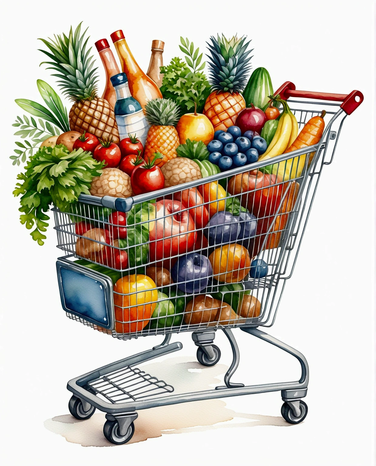 shopping trolley with a lot healthy food, illustration, isolated with solid white background, surrounded with negative space, centered composition, 8k, highest detailed painting, very precise painting, Isolated, clear solid white background, perspective angle of view, cartoon style, ((watercolor:1)), clip art, (lora:add-detail-xl:1), (masterpiece), (best quality), 