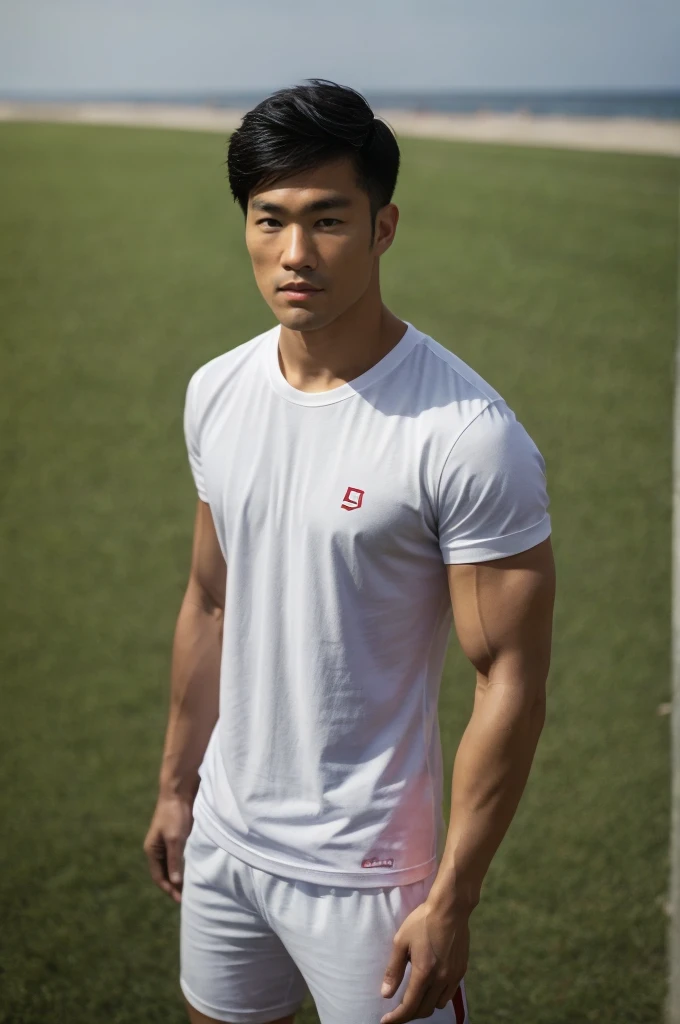 A handsome, muscular young Asian man looks at the camera. In a simple t-shirt white and red , Fieldside, grass, beach, sunlight, Carrying a camera