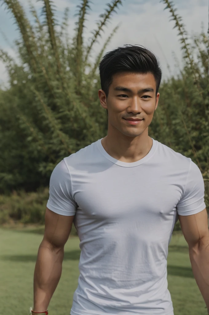 A handsome, muscular young Asian man looks at the camera. In a simple t-shirt white and red , Fieldside, grass, beach, sunlight, Carrying a camera