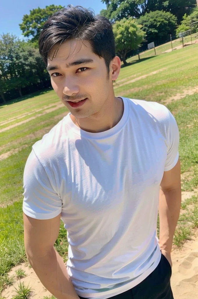 A handsome, muscular young Asian man looks at the camera. In a simple t-shirt white and red , Fieldside, grass, beach, sunlight, Carrying a camera