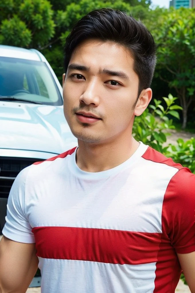 A handsome, muscular young Asian man looks at the camera. In a simple t-shirt white and red , Fieldside, grass, beach, sunlight, Carrying a camera