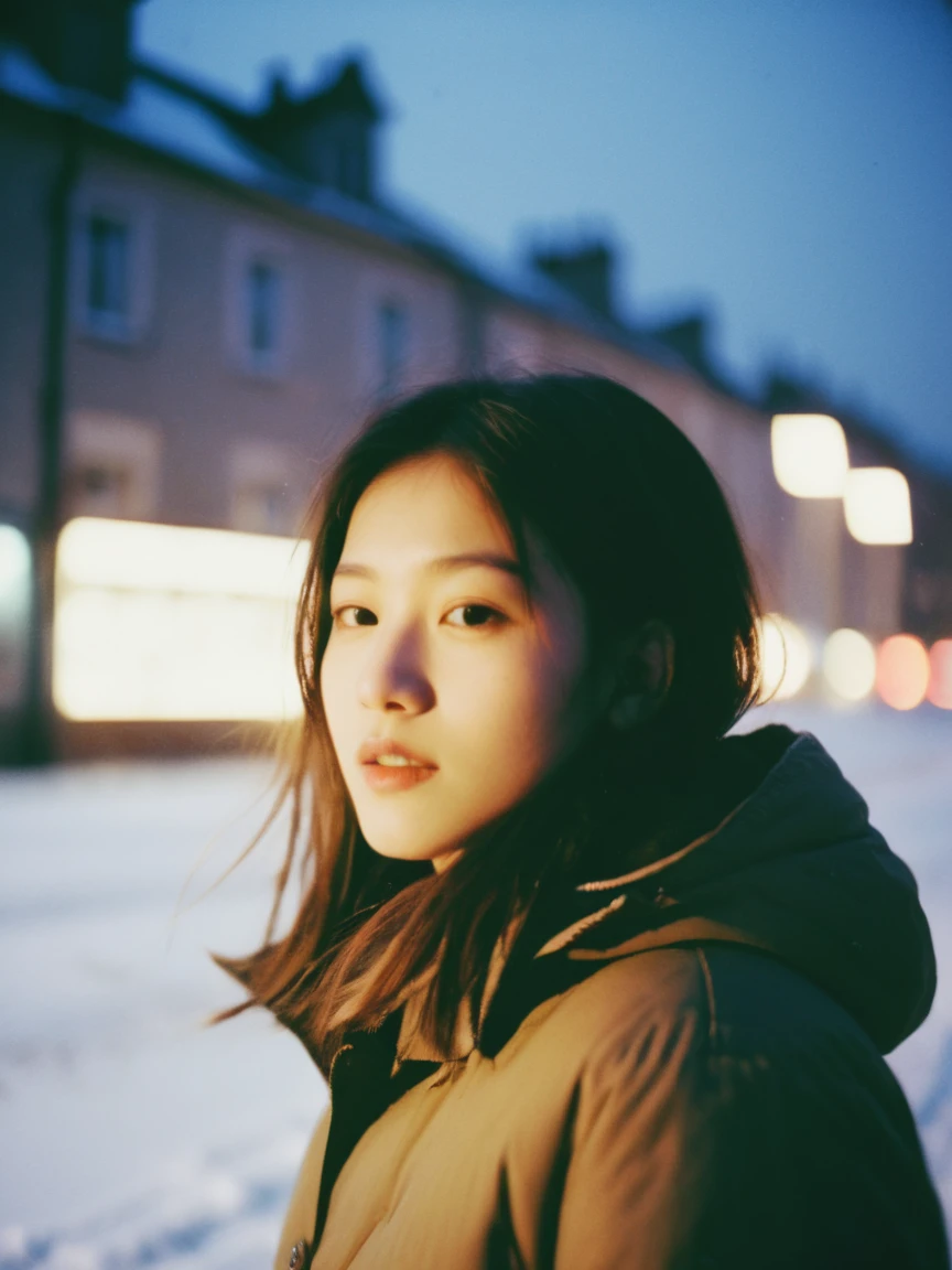 1girl,analogue,film,washedout,film,colour faded,400 iso film stock,oldfashioned,mark,beautiful cinematic lighting,engaging atmosphere,((film still,movie still)),photograph,volumetric lighting,Slow Shutter Speed,Primitivism,RAW photo,ultra-sharp focus,internationally-acclaimed photograph,ambient atmosphere,ambient,in winter,abomasnow,