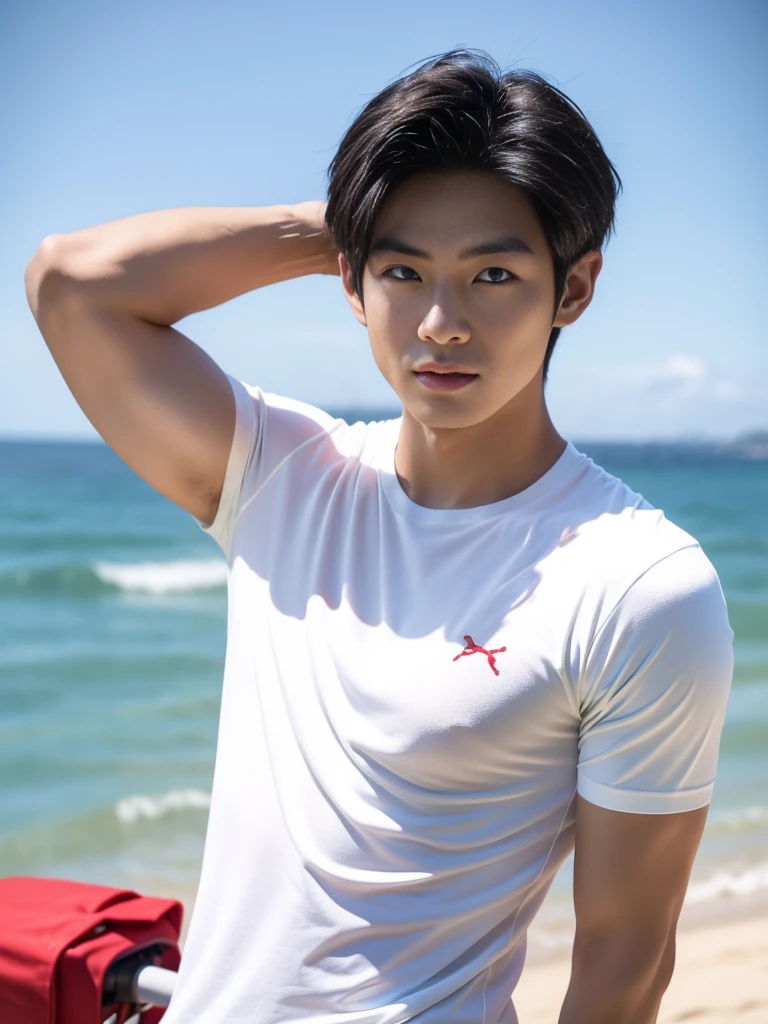 A handsome, muscular young Asian man looks at the camera. In a simple t-shirt white and red , Fieldside, grass, beach, sunlight, Carrying a camera