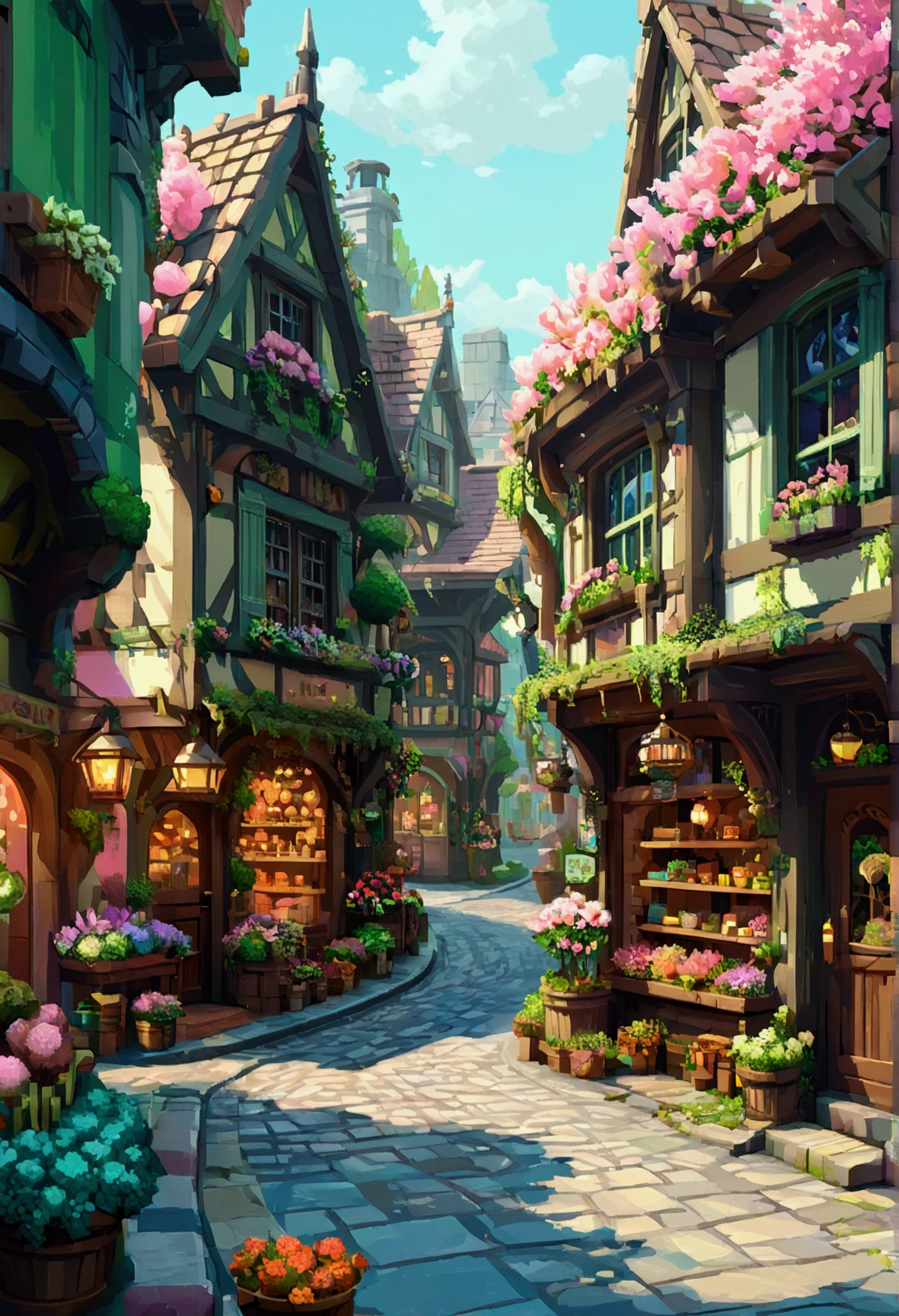 Pixel art for fantasy streets, Lovely shops everywhere，Such as a florist, baker shop, and more. Use a single pallet. Each shop is decorated in light colors.   The streets are full of cute fantasy creatures, Like elves, unicorns, And talking animals, Wander around — created using Pixlr or Aseprite software, Use light green/Pink/Blue palette—C 10