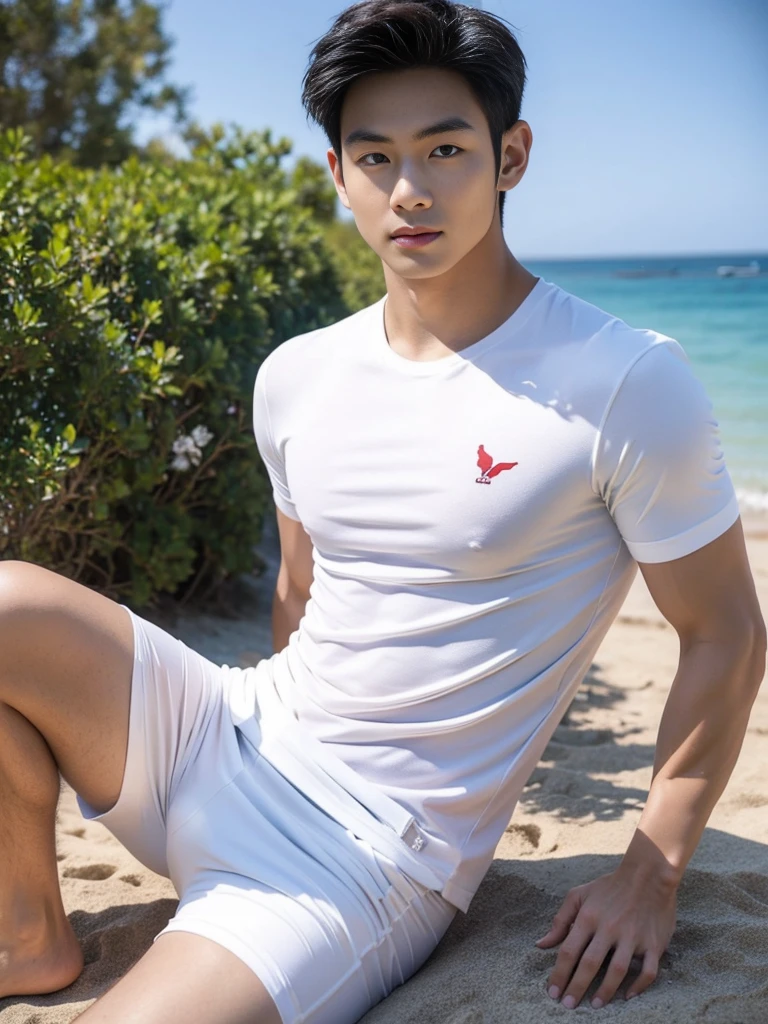 A handsome, muscular young Asian man looks at the camera. In a simple t-shirt white and red , Fieldside, grass, beach, sunlight, Carrying a camera