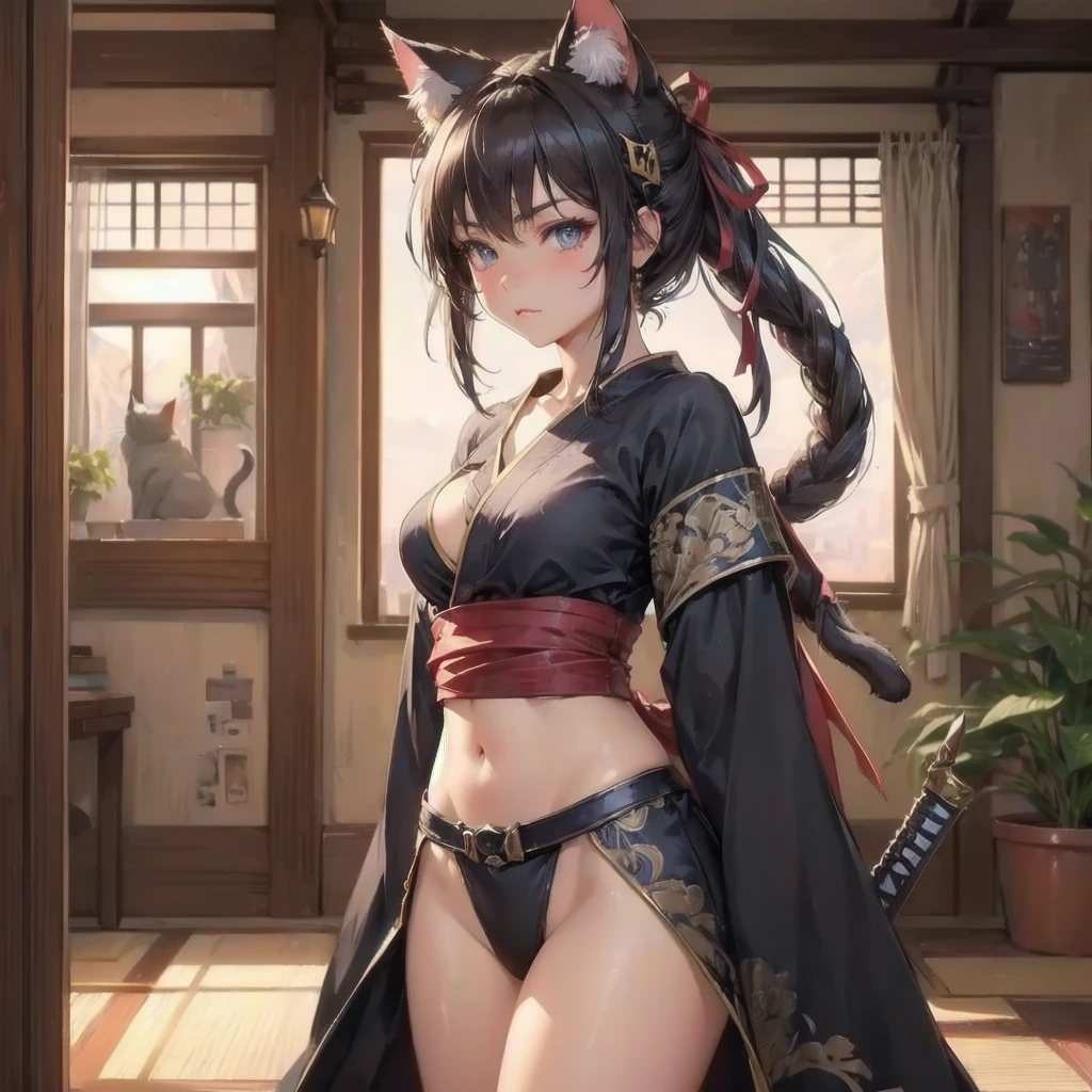 masterpiece, (textured skin), best quality, gorgeous beautiful girl, (a female
cat ears,cat tail),ninja,detailed clothes,large breasts,narrow waist,, (beautiful face), cinematic lighting, (fantasy anime art ),
