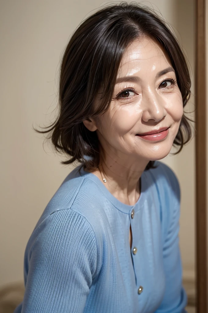 (masterpiece:1.4),(60-year-old woman:1.5),(facial wrinkles :1.2), pores, dull skin, skin blemishes, realistic detailed skin, sly-smile, mid-length Hair,